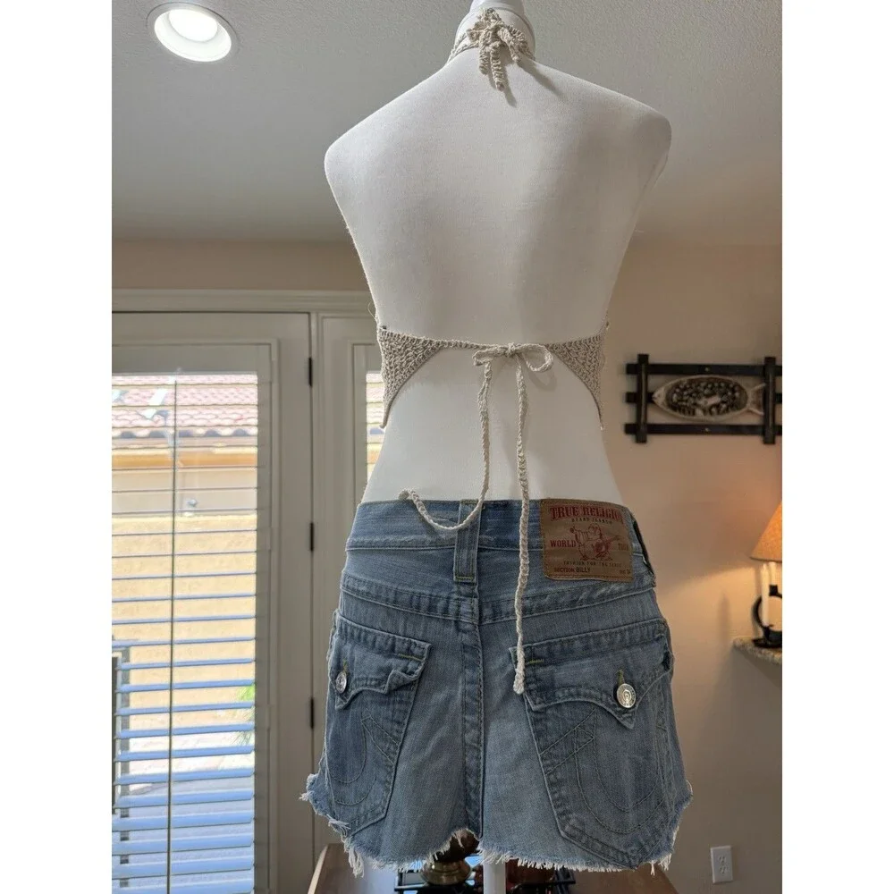 Y2K True Religion Cutoff Mini Skirt Cyberpunk Rocker Denim Low Rise repurposed